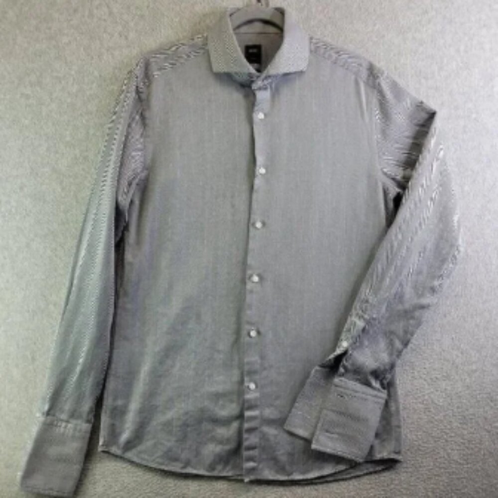 Hugo Boss Shirt Mens 15 3/4 40 Gray Striped Yacob Cuff Link Sleeve Collar Stays
